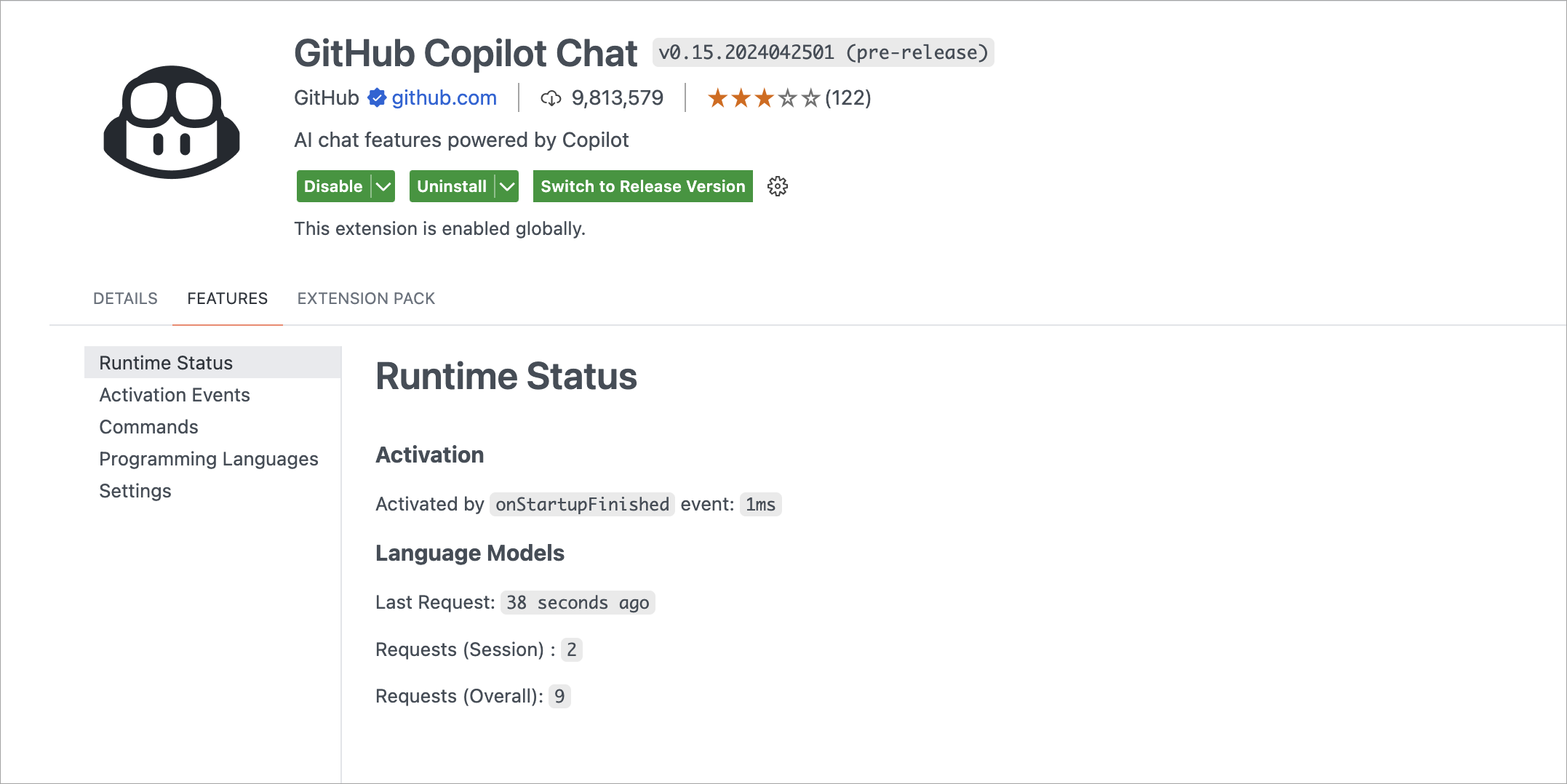 Copilot Chat扩展的运行时状态截图，显示了语言模型请求的数量。